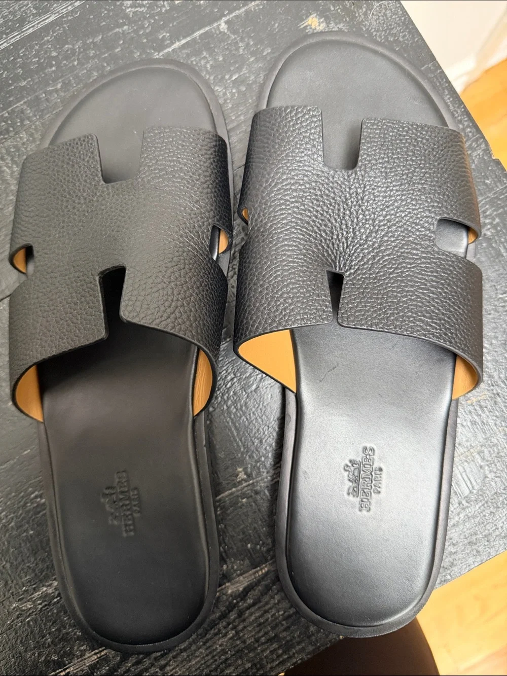 Hermes Men's Black Leather H Sandals